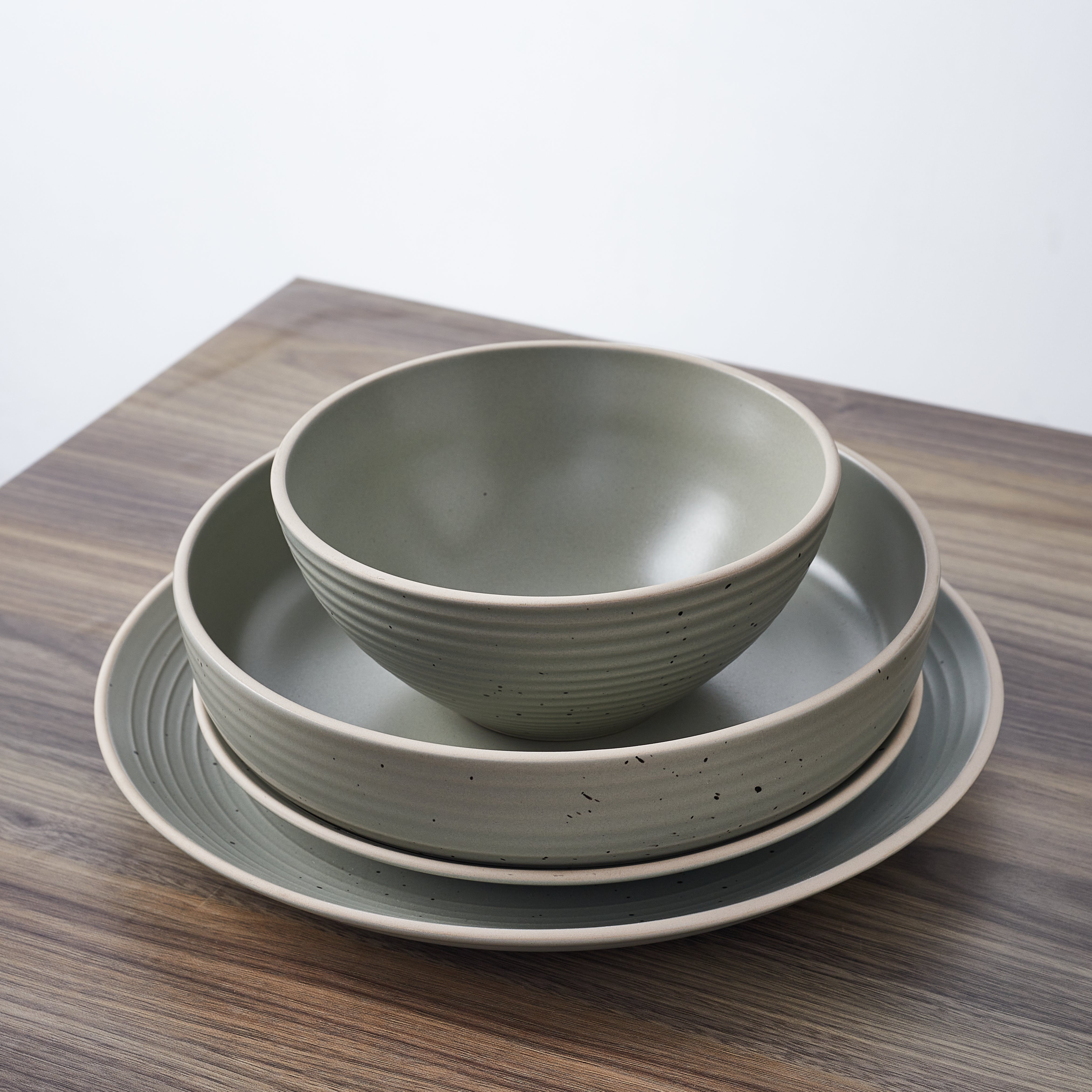 Lauren Stoneware Dinnerware Set - Available in Charcoal, Green, Light Gray & Off White, Serves 4 or 8 People