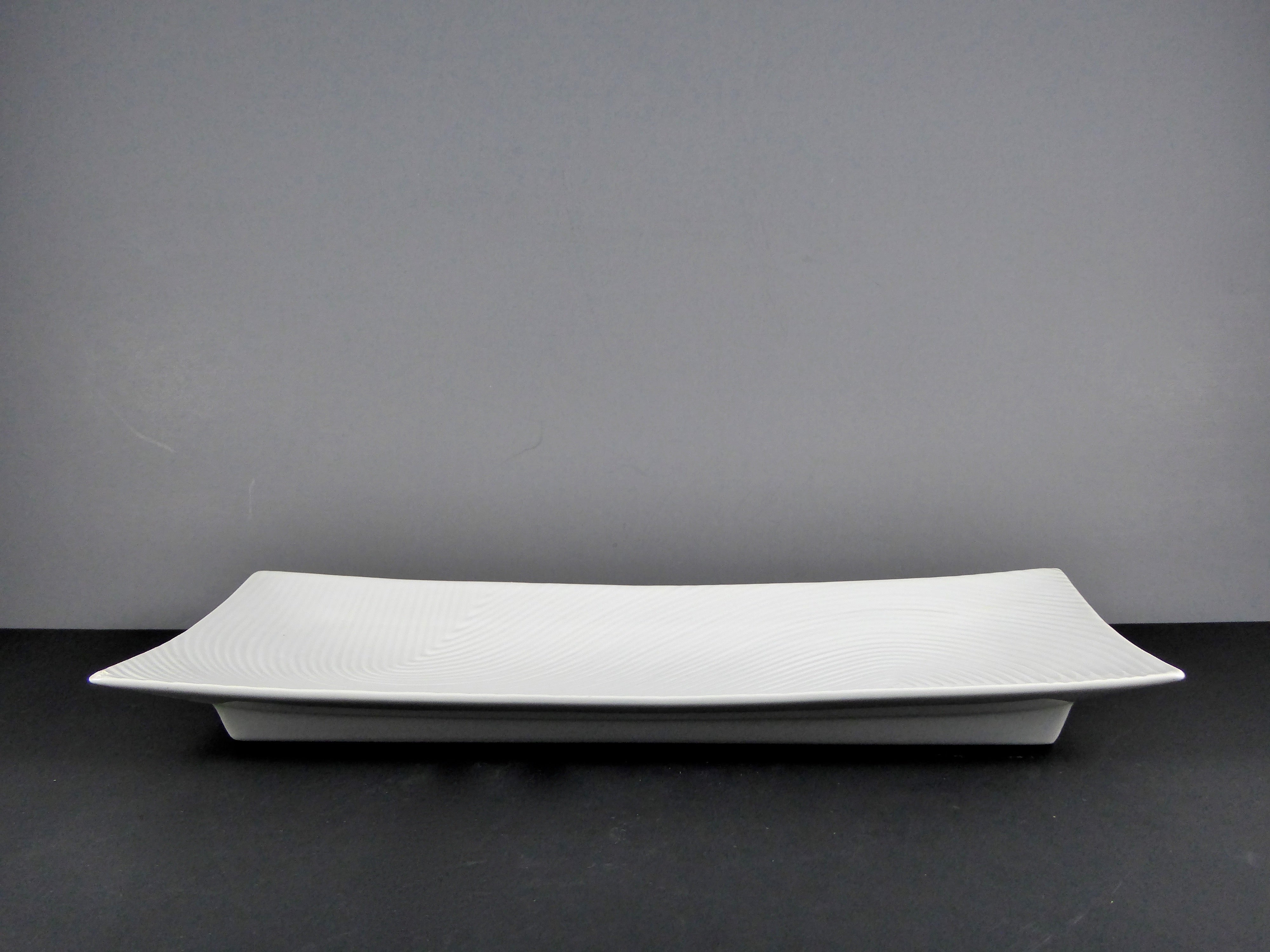 #14055 PLATTER 15" X 7.25" RECTANGLE PATTERN - Ceramic/Porcelain White Platter with Embossed Wave Design for Serving & Decor