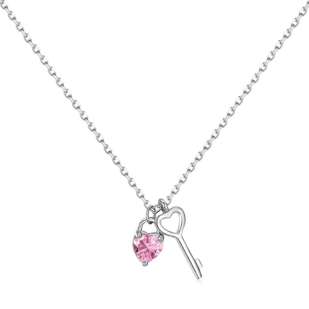 KEY LOVE NECKLACE: A Romantic Pendant Necklace with Heart - Shaped Lock and Key, Pink Gemstone, Ideal for Gifting