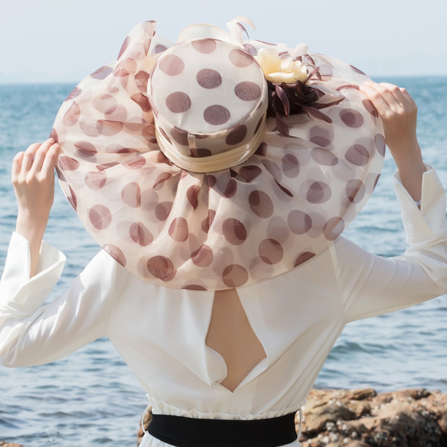Multicolor Wide Brim Polka Dot Organza Kentucky Derby Hat – Champagne & Pink, Ideal for Formal Events