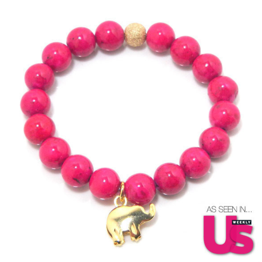 US Weekly - Genevieve Beaded Bracelet: Vibrant Pink with Gold Elephant Charm & Multiple Sizes and Charms