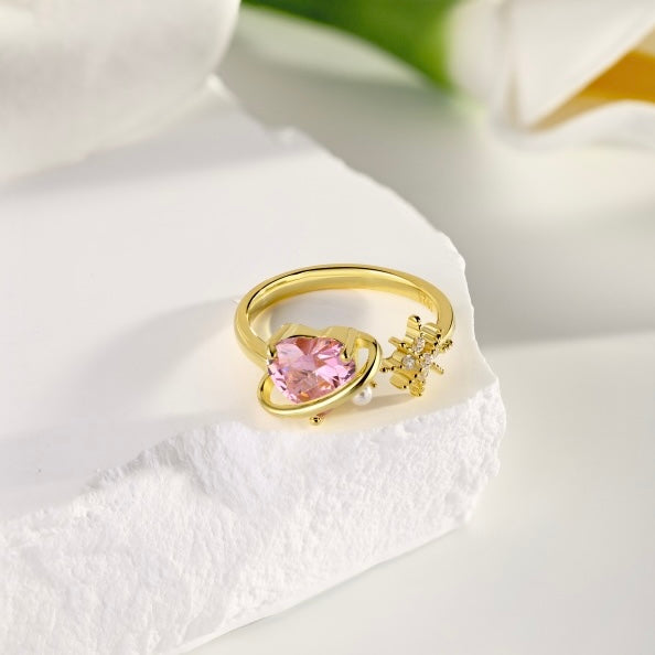 925 Silver Gold - Plated Heart Shape Ring with Pink Stone, Pearl, and Star Design in Size 7 - Perfect for Special Occasions and Gifting