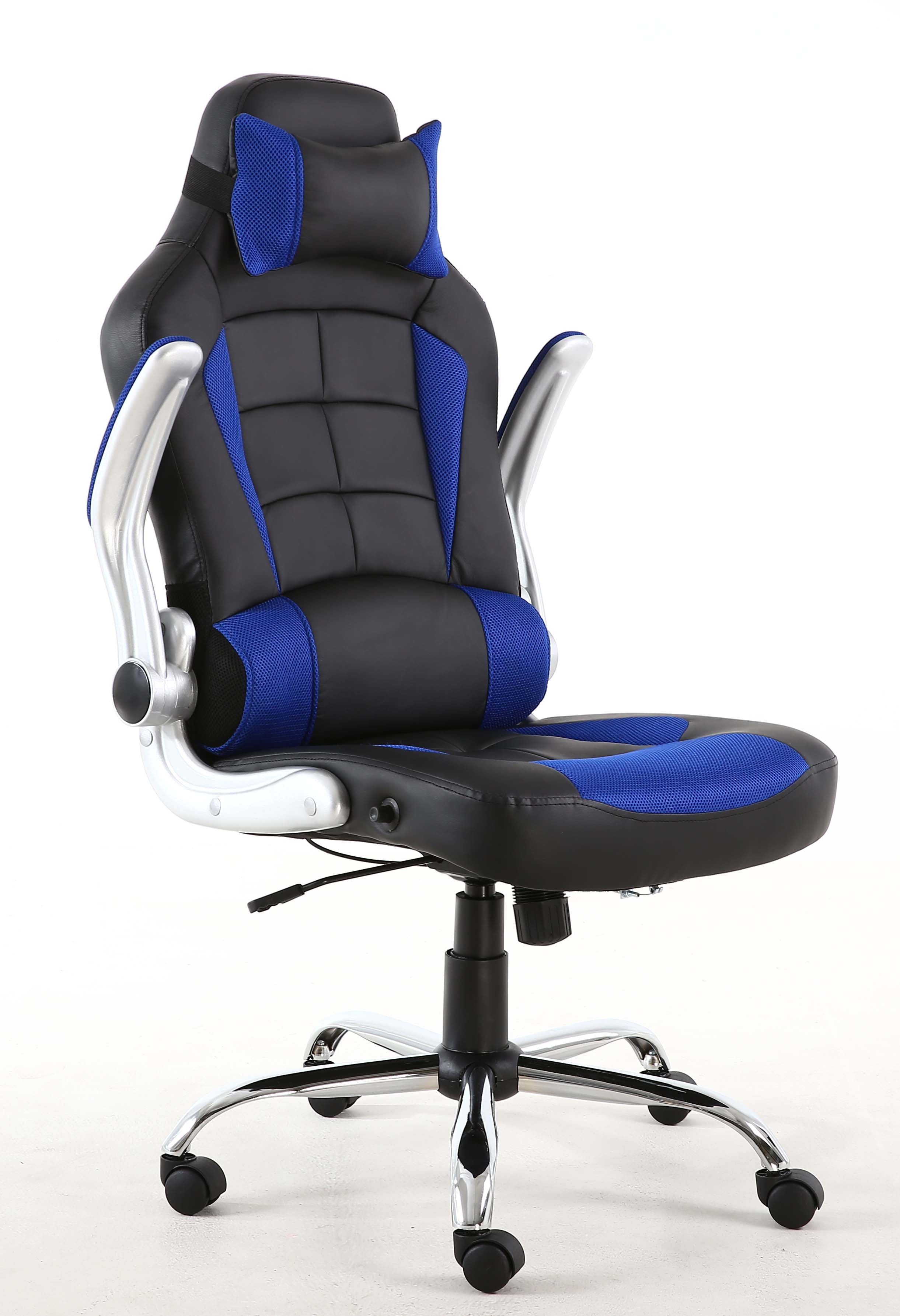BTEXPERT Leather Office Gaming Chair - High - Back Ergonomic Chair with Black Synthetic Leather, Blue Mesh Accents, Aluminum Alloy Frame, Ideal for Gamers & Remote Workers