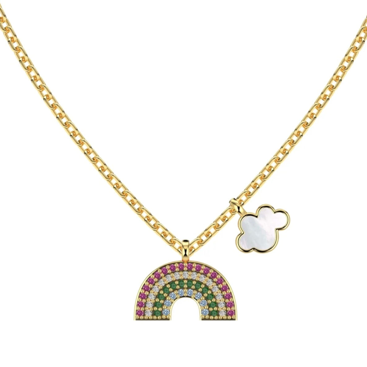 RAINBOW GOLD NECKLACE: A Whimsical Pendant Necklace with Rainbow and Clover Charms, Ideal for Casual and Semi - Formal Wear