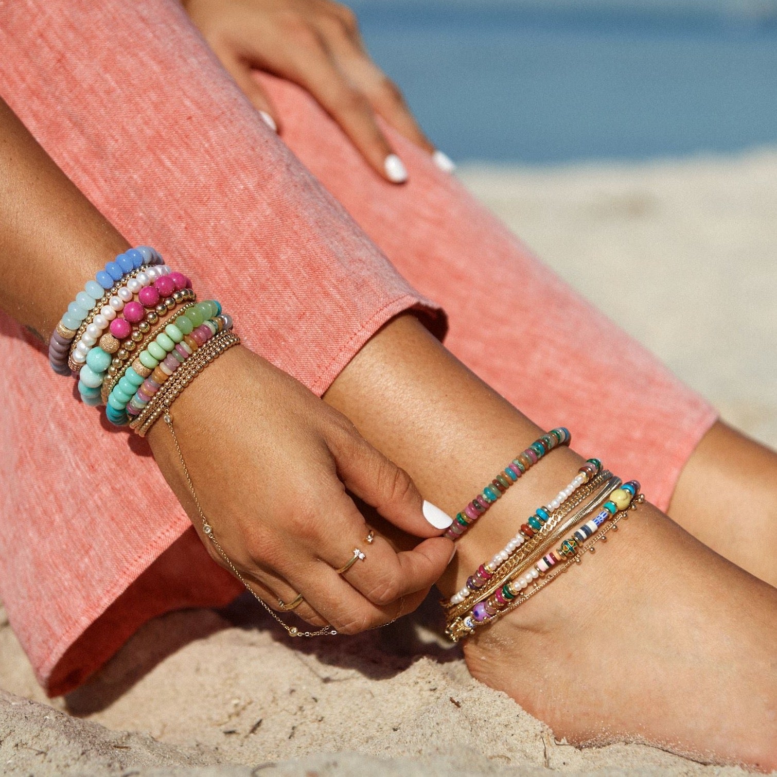 Claire Beaded Bracelet - Vibrant Pink & Turquoise Stretch Bracelet with Gold Accent, Available in Multiple Sizes