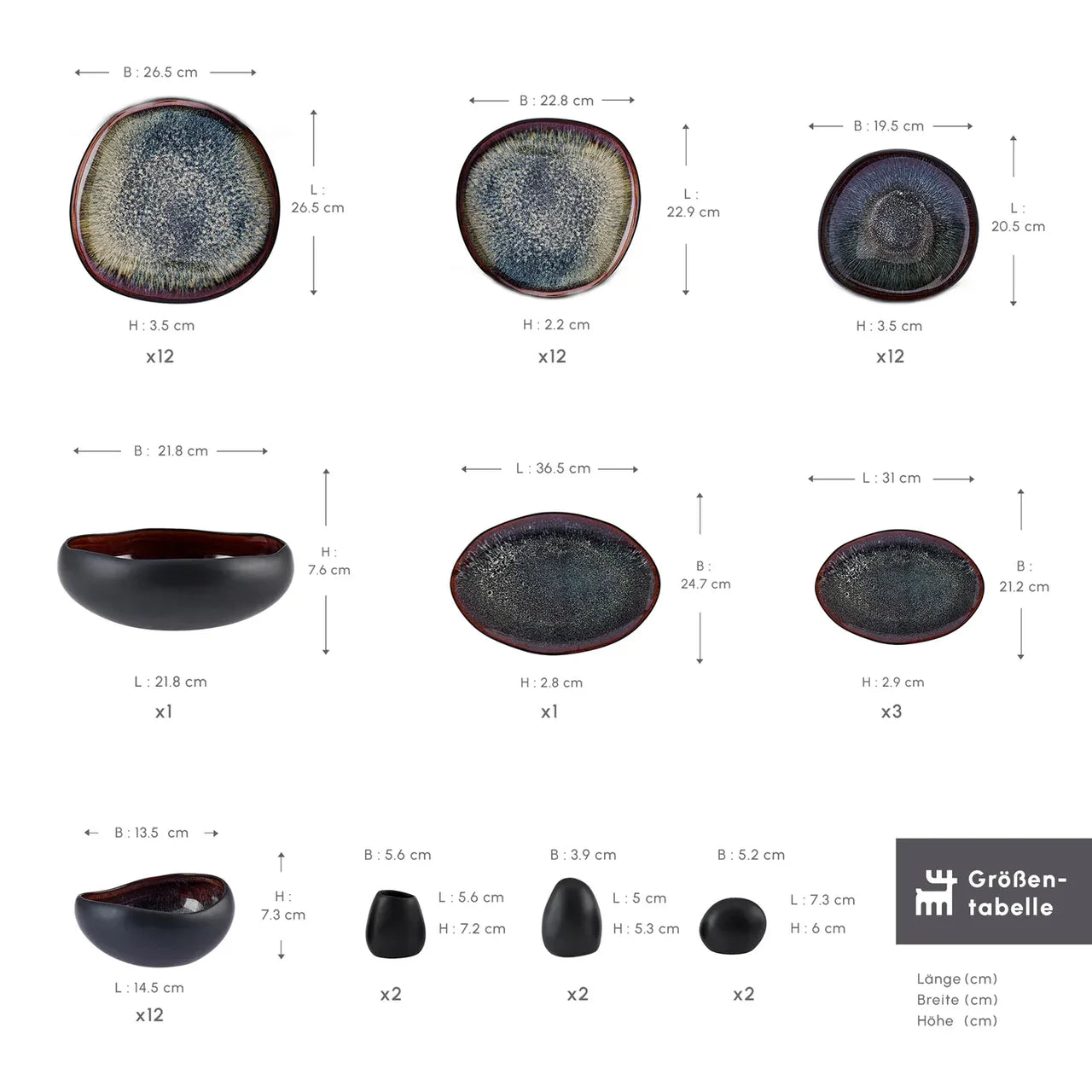 KARACA EARTH COLLECTION NEW GALACTIC GESCHIRRSET - 59 Piece Black Ceramic Dinnerware Set for 12 People, Ideal for Formal & Everyday Dining