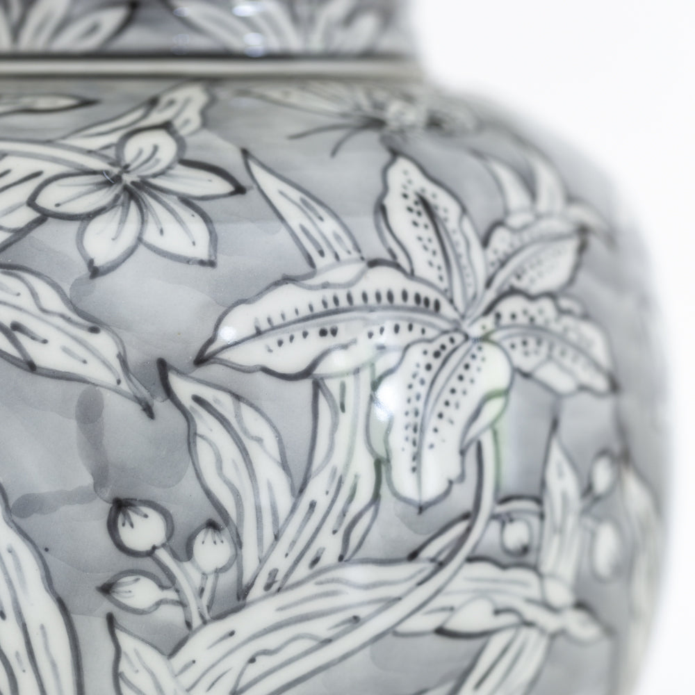 Lamp Morwenna with White Shade - High - Quality Ceramic Lamp Base Set with Intricate Botanical Motifs for Home Decor