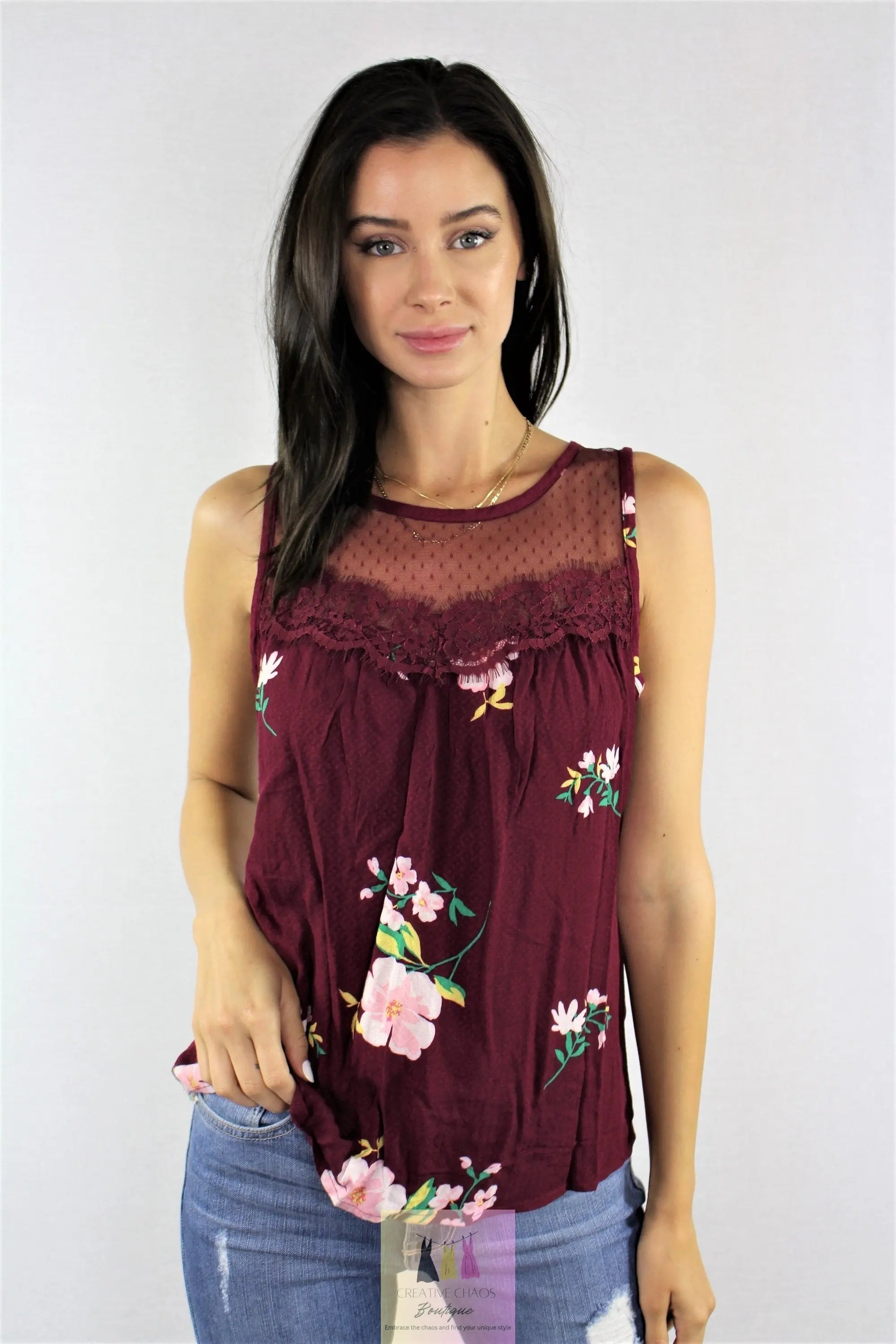 Ruffle and Lace Detail Sleeveless Tank in Burgundy Floral Print - Available in S, M, L, XL