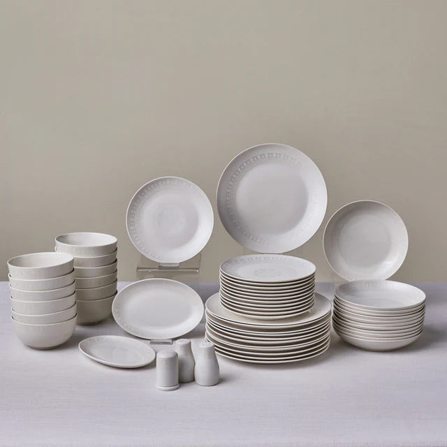 Karaca Forever Bone Artiste 53 - Piece Dinnerware Set for 12 People - Premium Bone China Porcelain with Minimalist Embossed Patterns, Dishwasher and Microwave Safe