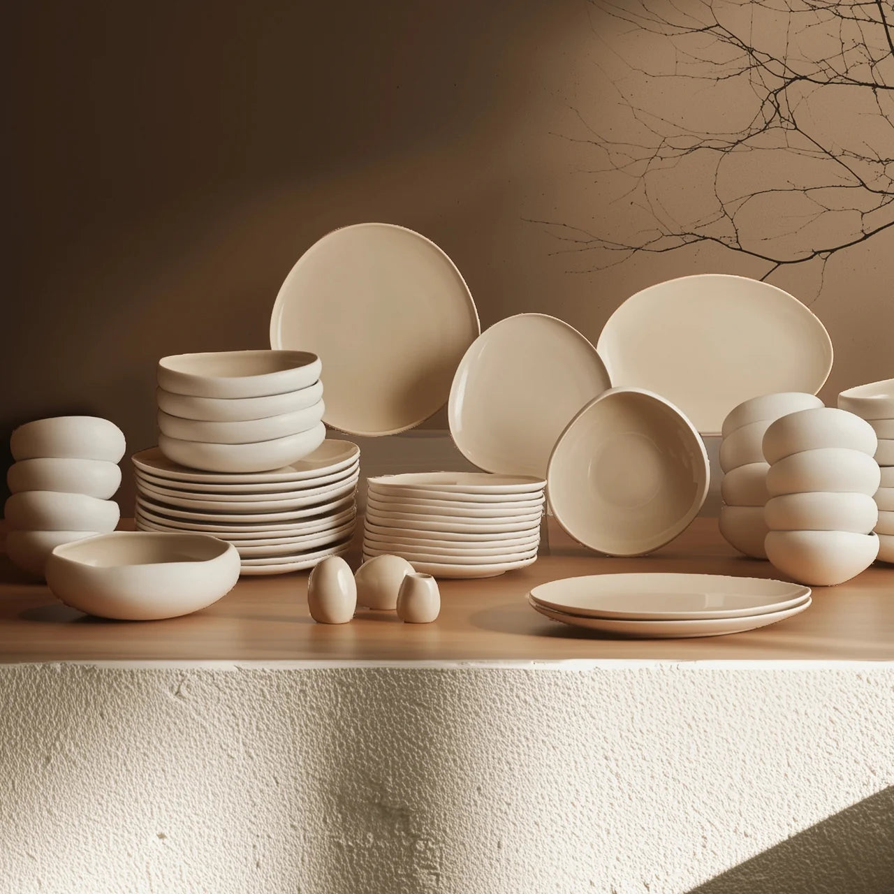 KARACA STREAMLINE NEW CUPID TAFELSERVICE FÜR 12 PERSONEN 59TLG - High - Quality Ceramic Dinnerware Set with Minimalist Organic Design