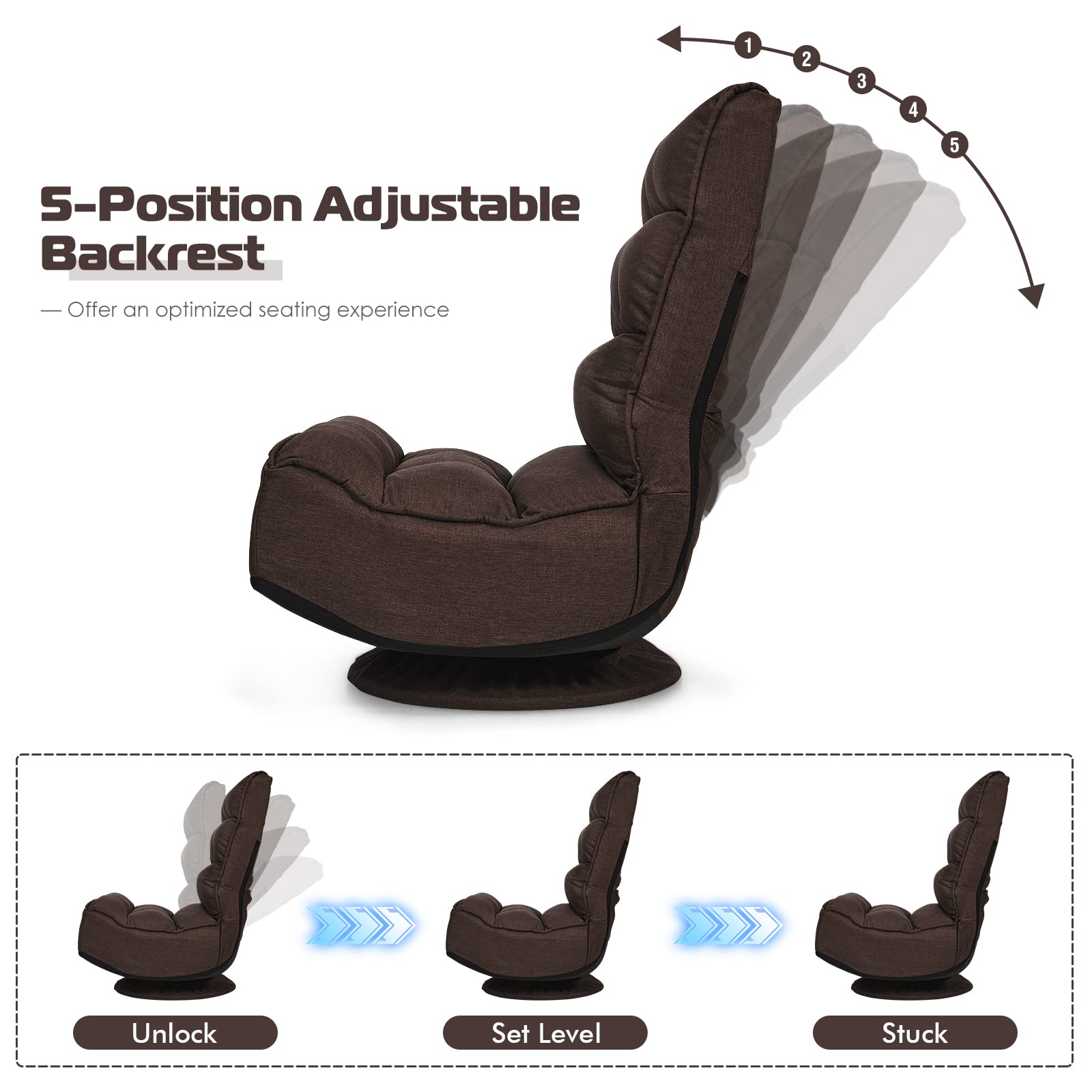 KOMFOTT 360 Degree Swivel Gaming Chair - 6 Position Adjustable Folding Floor Chair in Black, Brown, Coffee, Grey, Navy