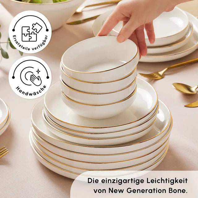 Karaca Stream Bone New Saturn 59-Piece 12-Person Dining Set in Gold and White - Lightweight Ceramic with Elegant Design