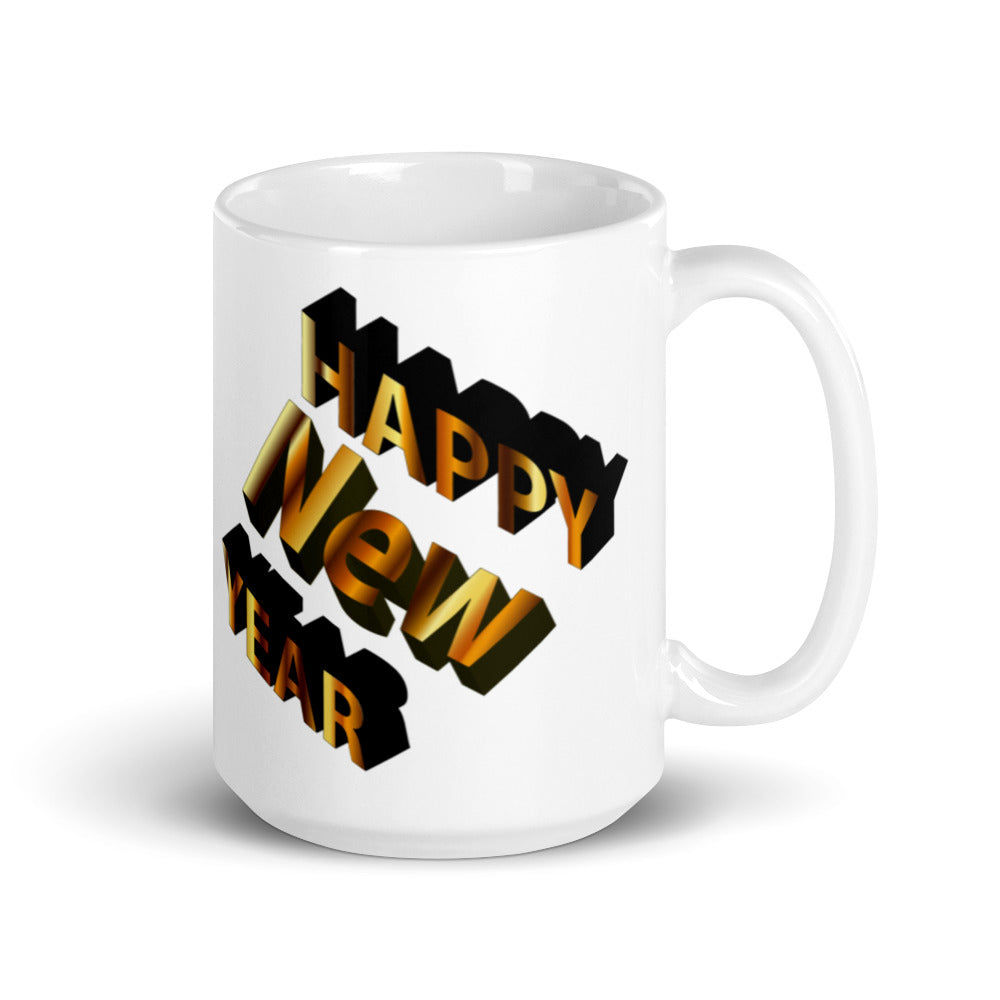 Happy New Year - White Glossy Ceramic Mug with 3D Black & Gold 'Happy New Year' Print, Available in 11 oz and 15 oz Sizes